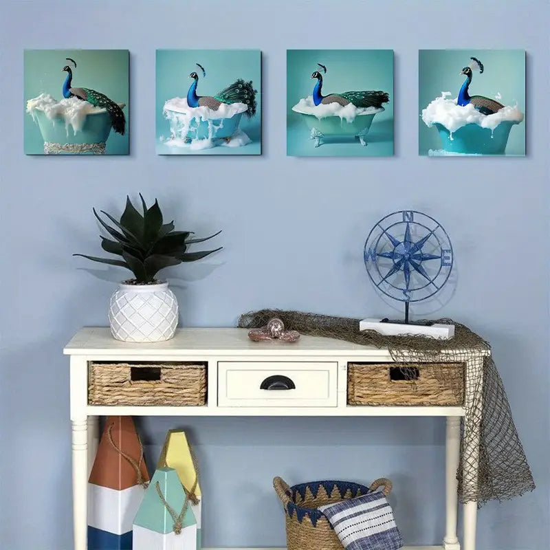 4pcs Peacock in the Bathtub Suitable  Wall Art Canvas Framed