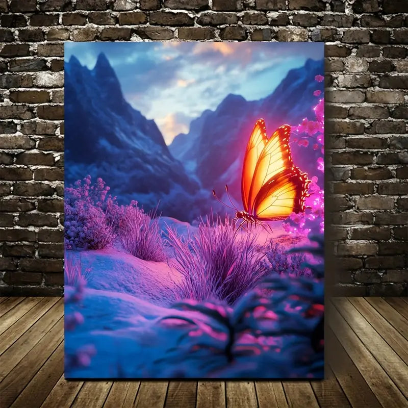 Realistic Snowy Mountain Butterfly Scene with Neon 40x60cm Metal Print Ready to Hang