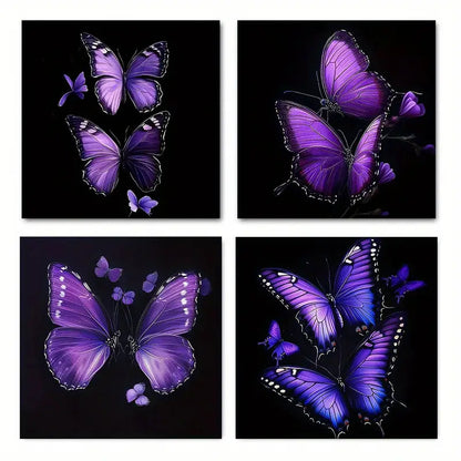 4pcVibrant Purple Butterfly  Wall Art Canvas Framed