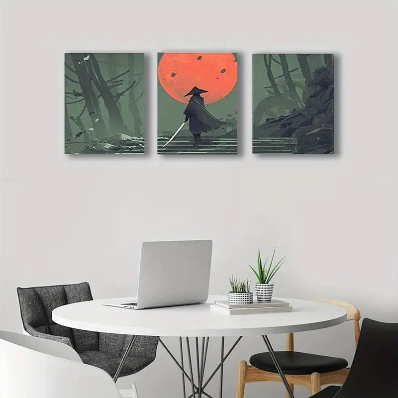 3pcs Samurai In Night Forest With Full Moon Metal Print Ready to Hang Art