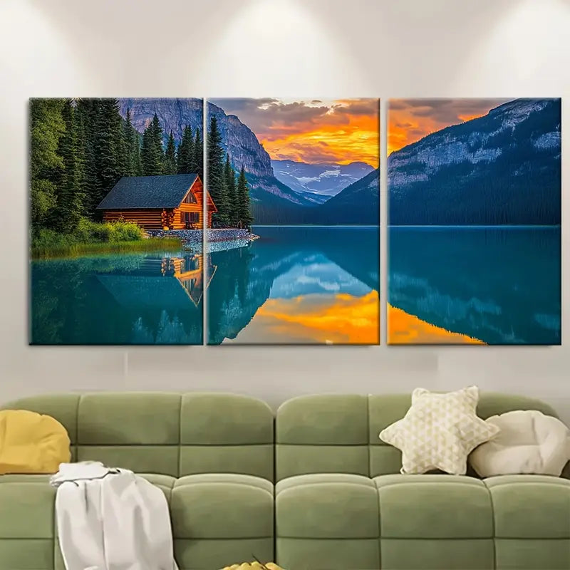 3pcs Mountain Lake Sunset Cabin Wall Art Set Canvas Framed 60x90cm - High Quality Print 100% Australian Made Wall Canvas Ready to Hang