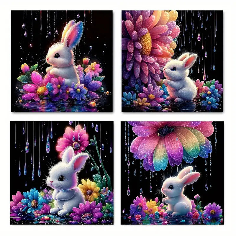 4pcs Vibrant Flower & Rabbit Designs, Watercolor Wall Art Canvas Framed