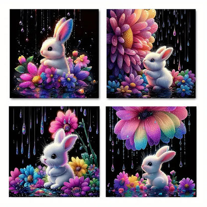 4pcs Vibrant Flower & Rabbit Designs Wall Art Canvas Framed