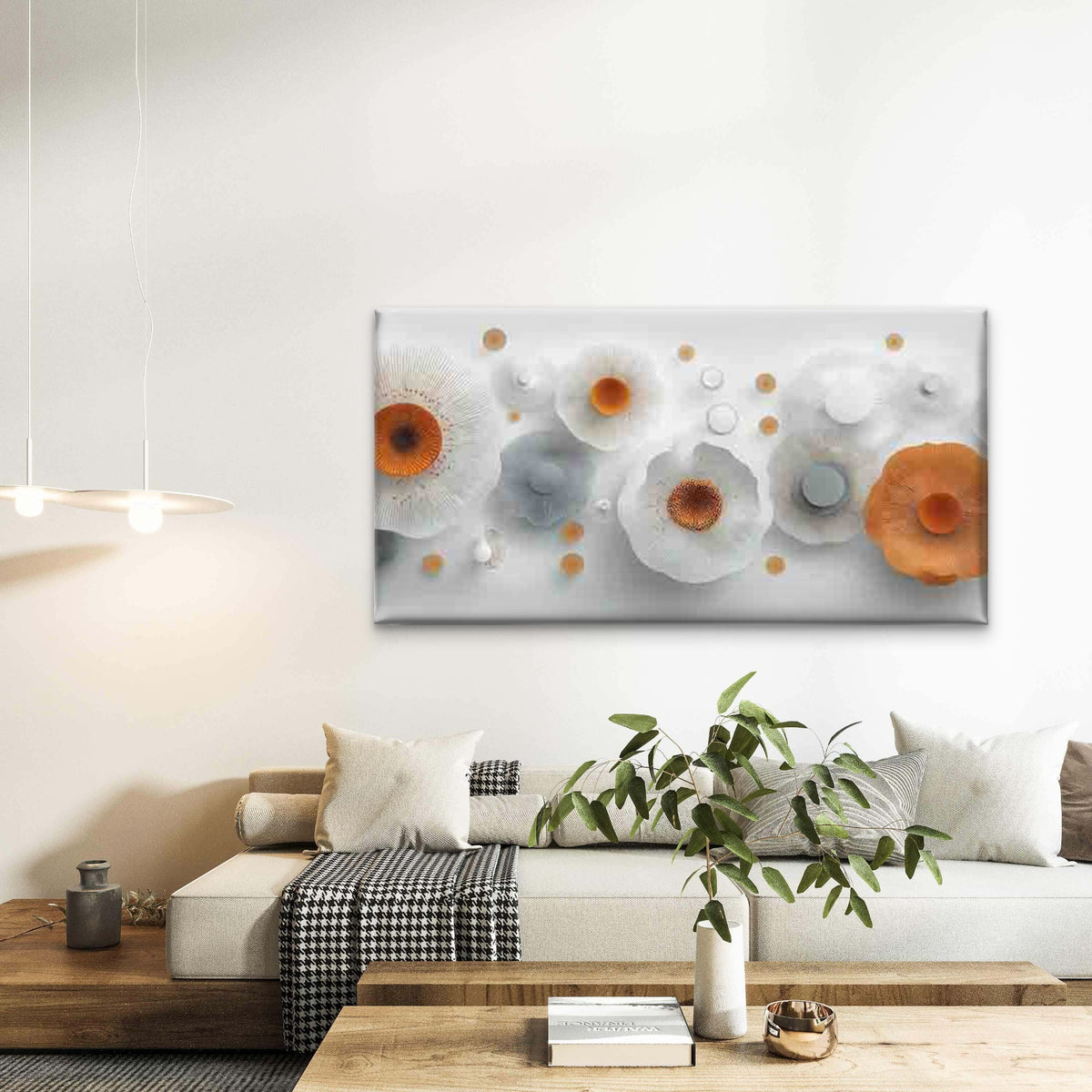 Abstract Floral Orange & White Wall Art Canvas Office Home Room Framed 120x60cm