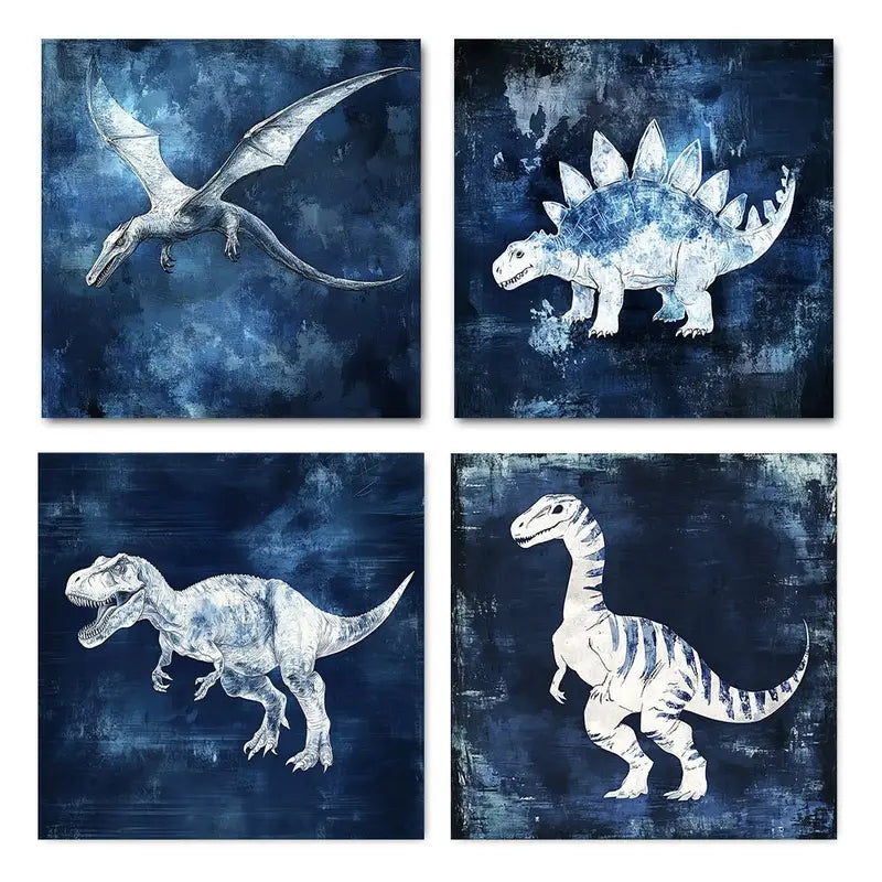 4pcs Navy Blue Dinosau Elegant Modern  Wall Art Canvas Framed