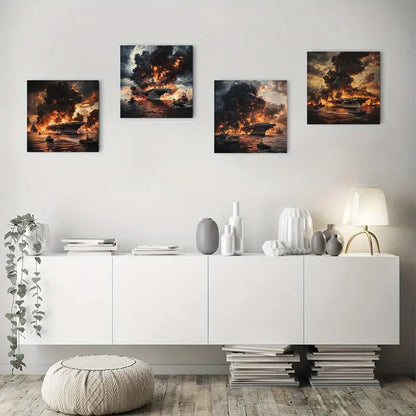 4pcs Flames Of  Ship Wall Art Canvas Framed