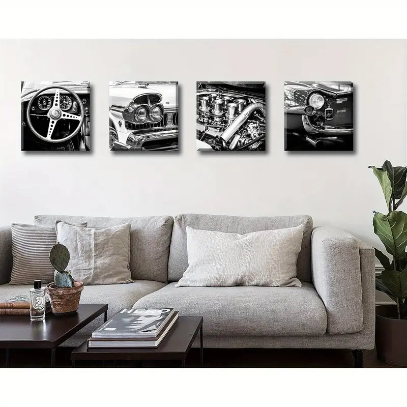 4pcs Black & White Vintage Car  Wall Art Canvas Framed