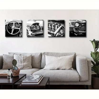 4pcs Black & White Vintage Car  Wall Art Canvas Framed