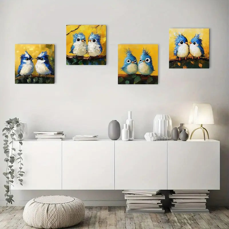 4pcs Vintage Abstract Cartoon Tufted Titmouse Bir Wall Art Canvas Framed
