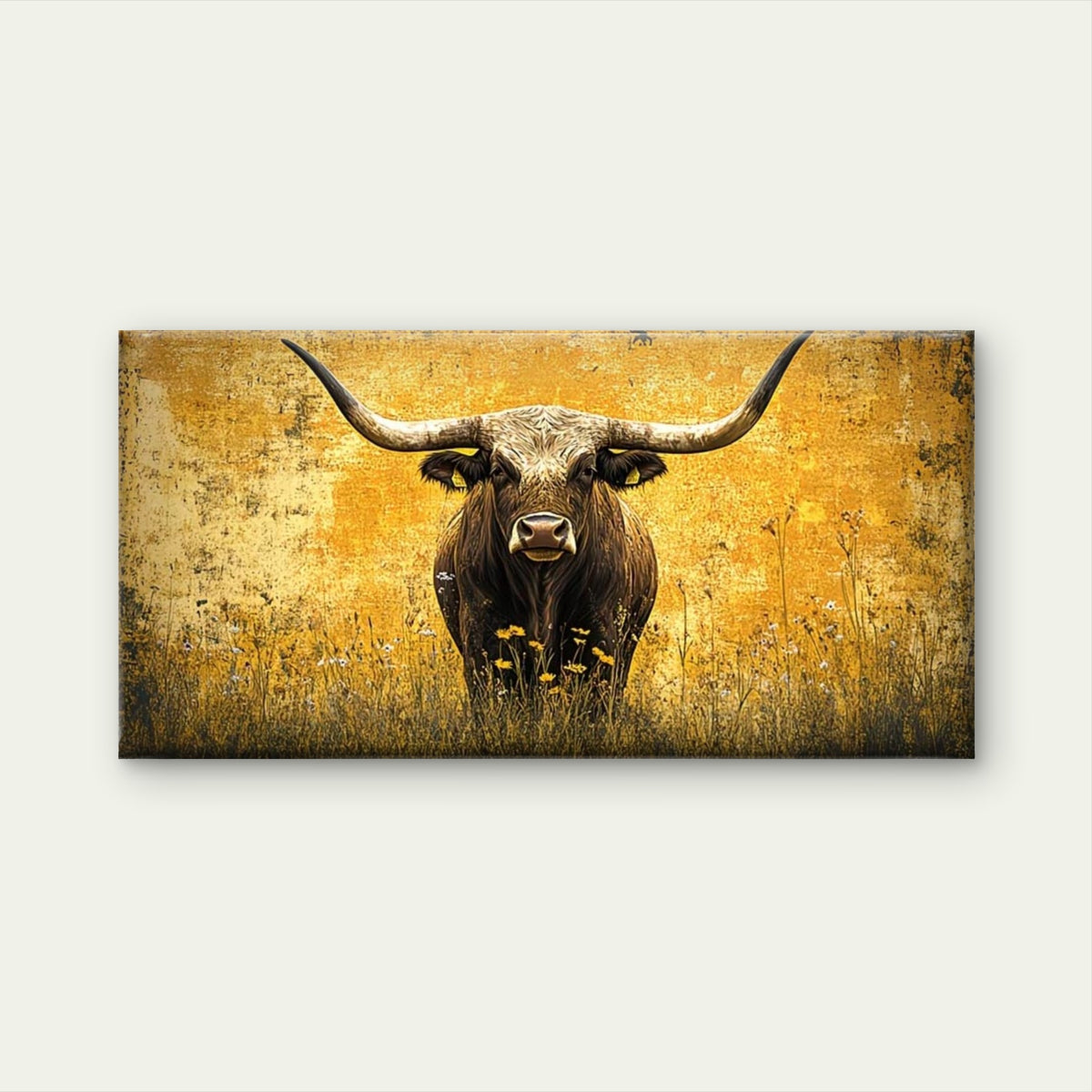 Longhorn Bull in Wildflower Wall Art Canvas Office Home Room Framed 120x60cm