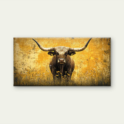 Longhorn Bull in Wildflower Wall Art Canvas Office Home Room Framed 120x60cm