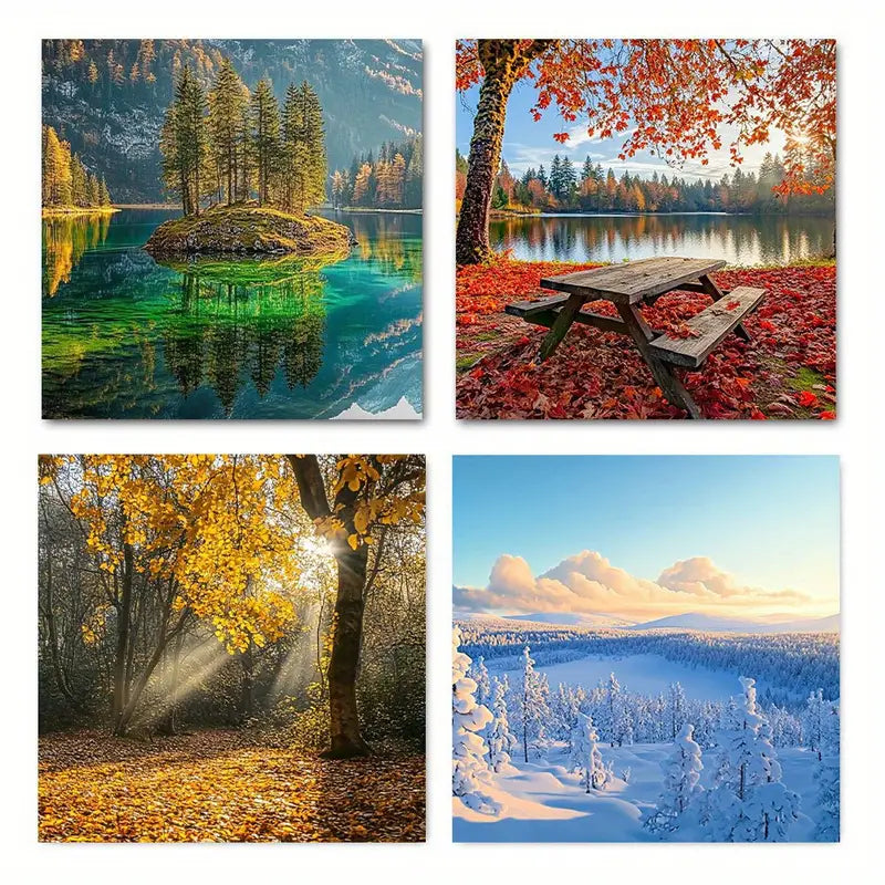 4pcs, Vibrant Autumn & Winter Scenes  VA  Wall Art Canvas Framed