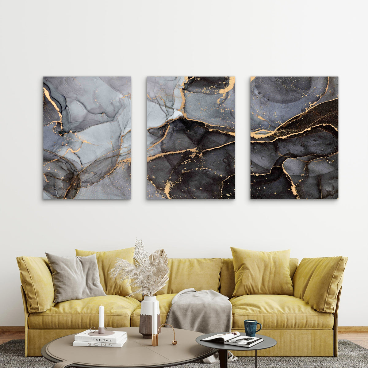 3pcs Black and Gold Marble Pattern Metal Print Ready to Hang Art