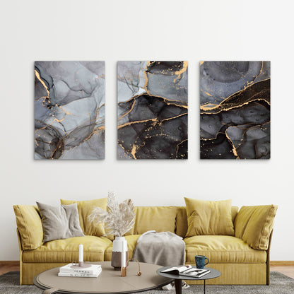 3pcs Black and Gold Marble Pattern Metal Print Ready to Hang Art