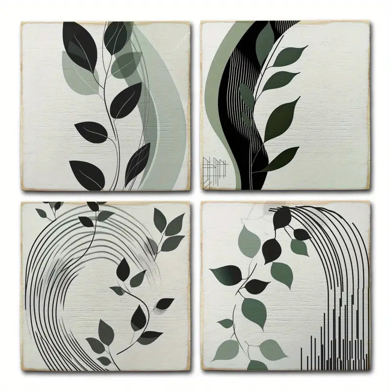 4pcs Summer Decor With Green Leaves Wall Art Canvas Framed