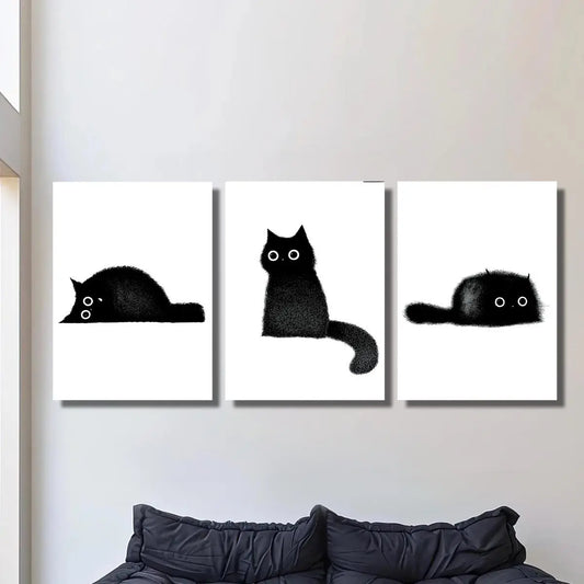 3pcs Cute black cat, black little coal cat, animal Metal Print Ready to Hang Art