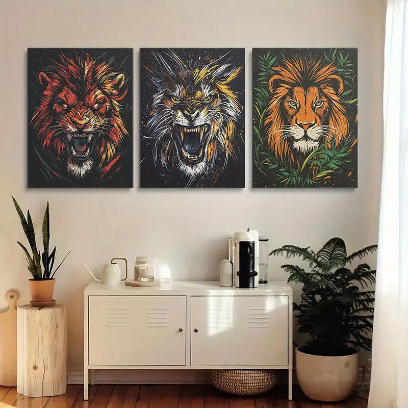 3pcs Vibrant Lion Face Animal Classic Design Metal Print Ready to Hang Art
