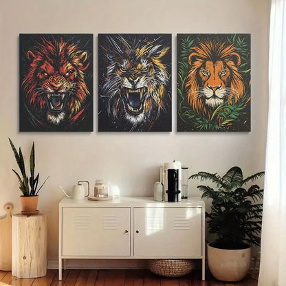 3pcs Vibrant Lion Face Animal Classic Design Metal Print Ready to Hang Art
