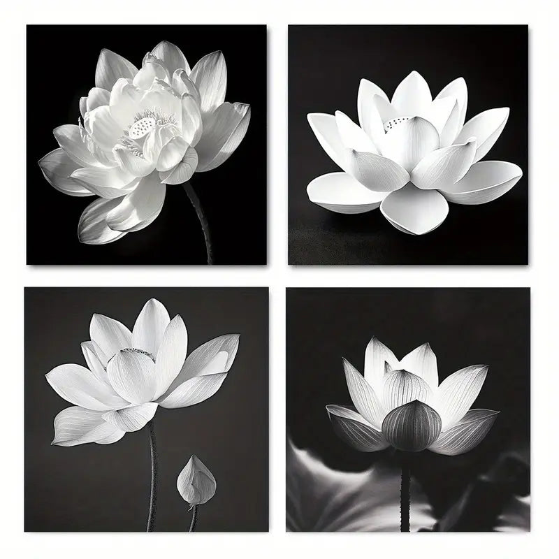 4pcs Elegant Black And White Floral For Lotus Fl Wall Art Canvas Framed