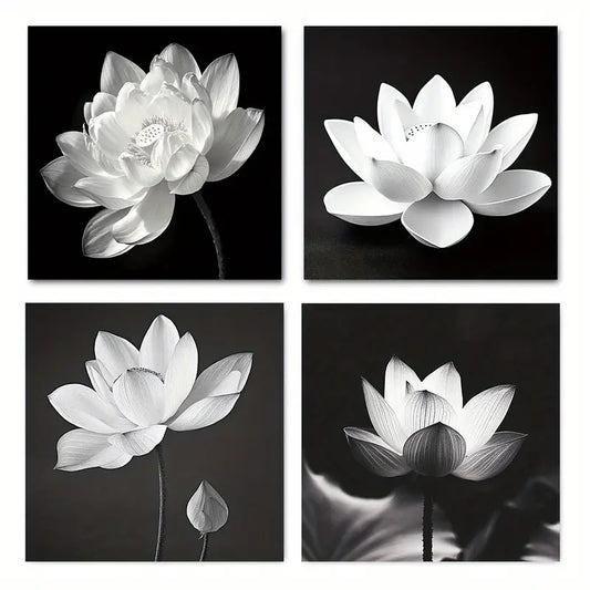 4pcs Elegant Black And White Floral For Lotus Fl Wall Art Canvas Framed