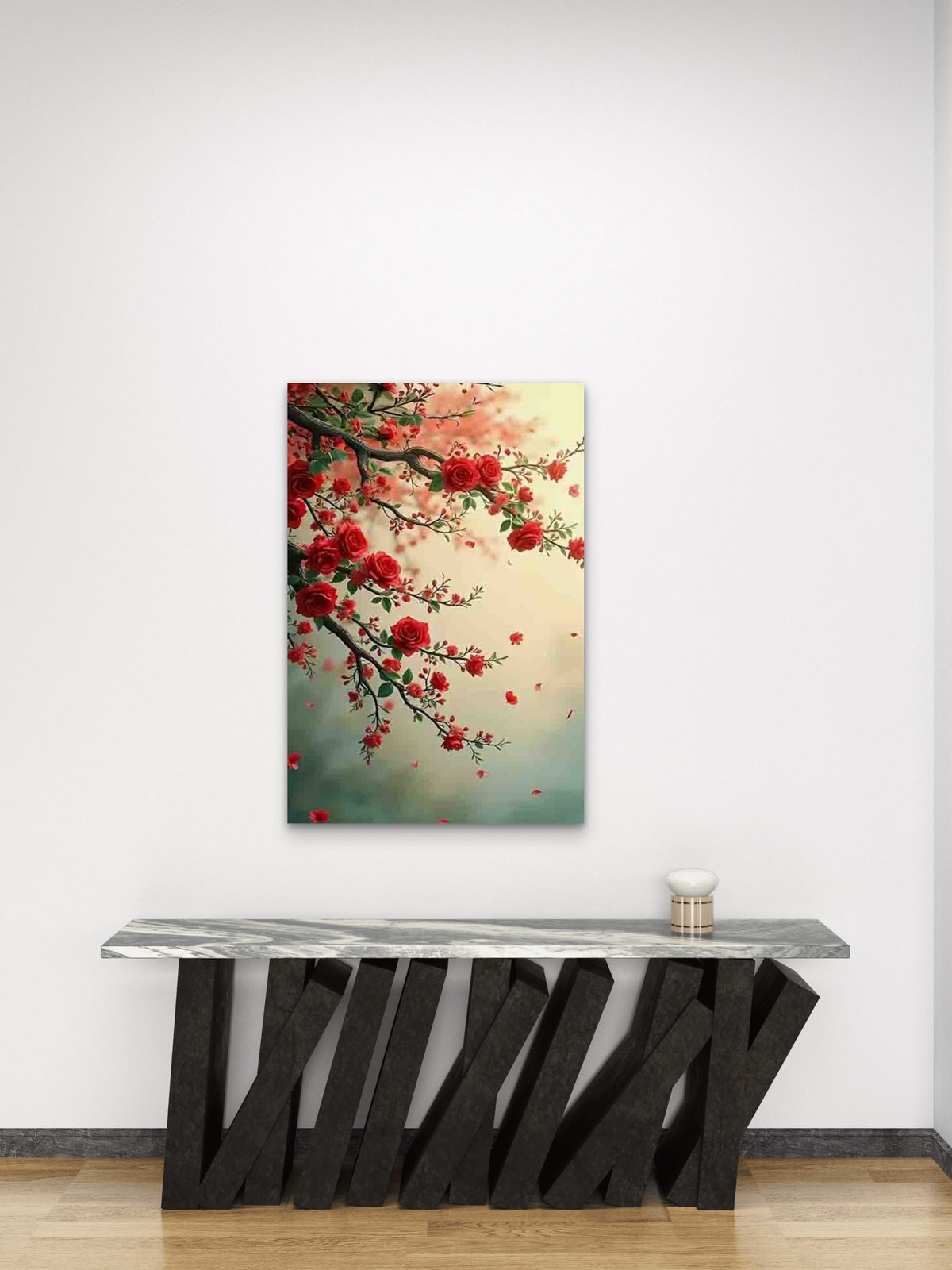 Vibrant Red Roses & Green Leaves 60x90cm Metal Print Ready to Hang