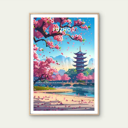 Fuzhou Cherry Blossoms & Pagoda Landscape Travel Poster Print Wall Art