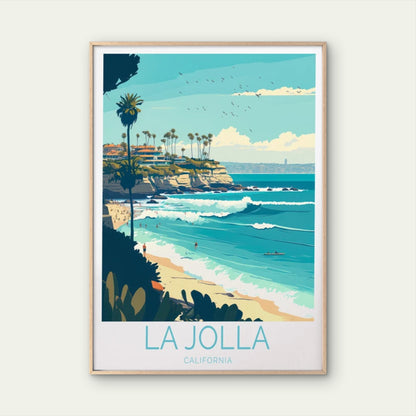 La Jolla California, Beach & Palm Trees Travel Poster Print Wall Art