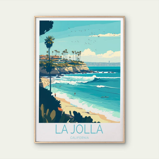 La Jolla California, Beach & Palm Trees Travel Poster Print Wall Art