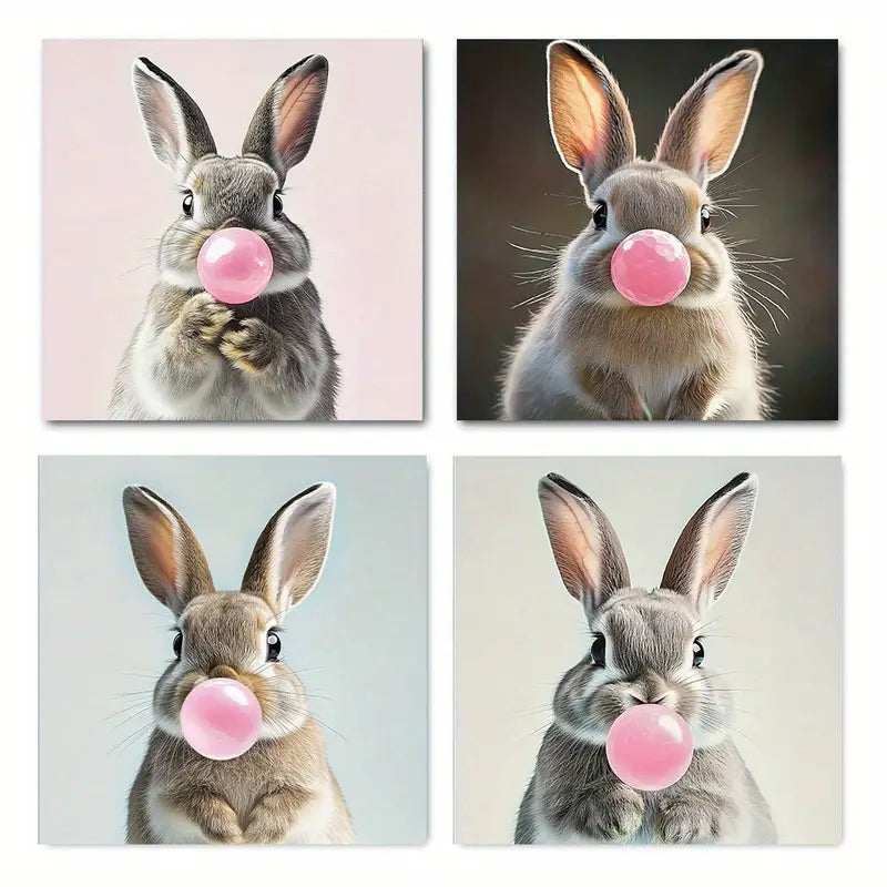 4pcs Rabbit Bubble Blowing  Wall Art Canvas Framed