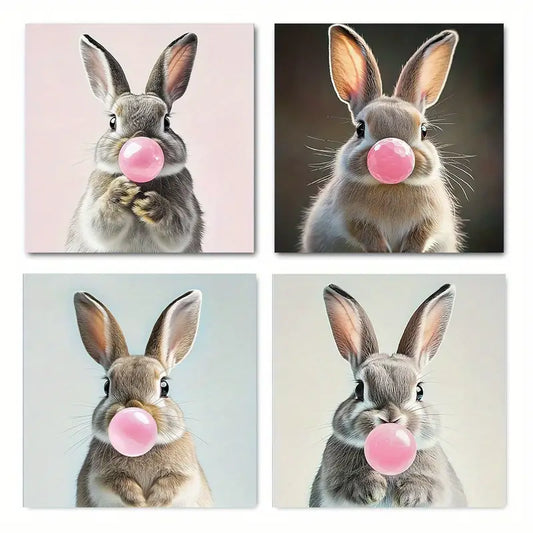 4pcs Rabbit Bubble Blowing  Wall Art Canvas Framed