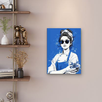 Chef with Plants & Fashion Glasses in Blue Tones Metal Print Ready to Hang