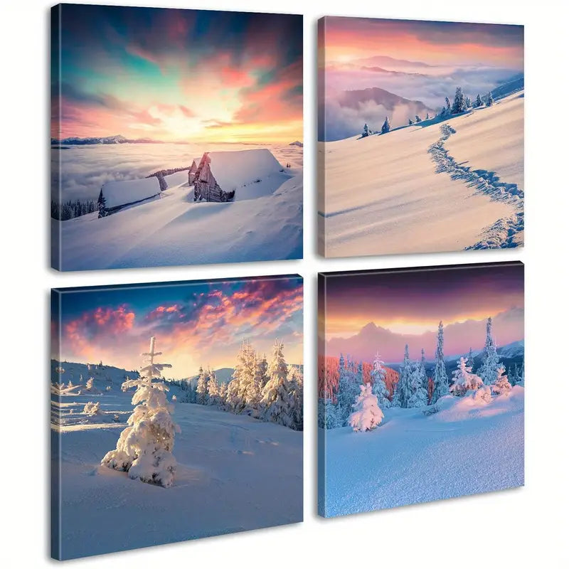 4pc Snowy Forest Natural Scenery    Wall Art Canvas Framed
