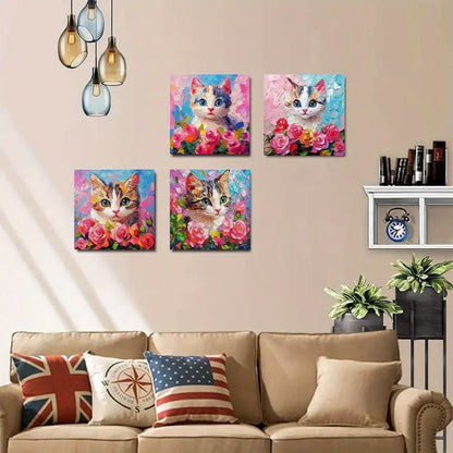 4pcs  Orange cat pink flowers  Wall Art Canvas Framed