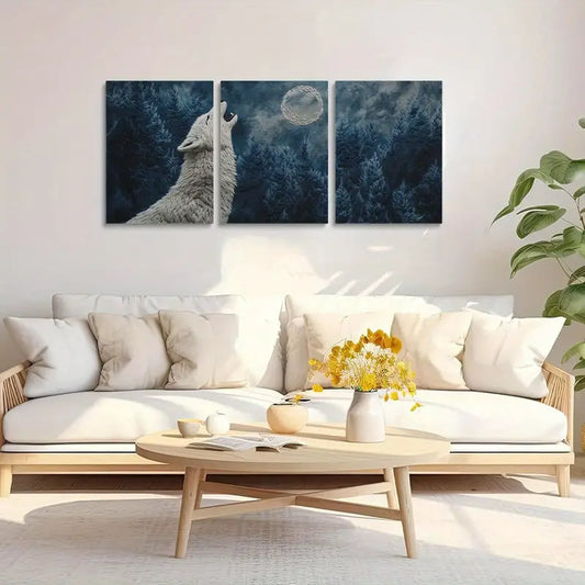 3pcs White Wolf Howling at Moon Alpine Forest Metal Print Ready to Hang Art