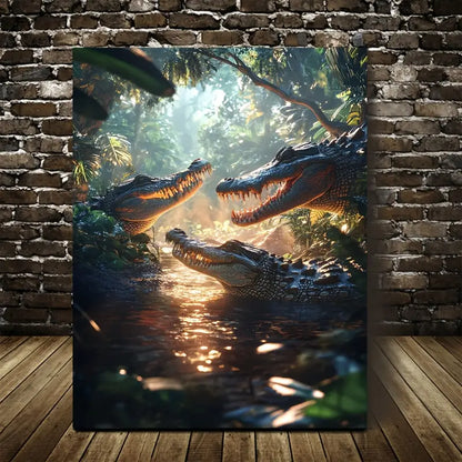 Fantasy Jungle Scene with Playful Crocodiles 40x60cm Metal Print Ready to Hang