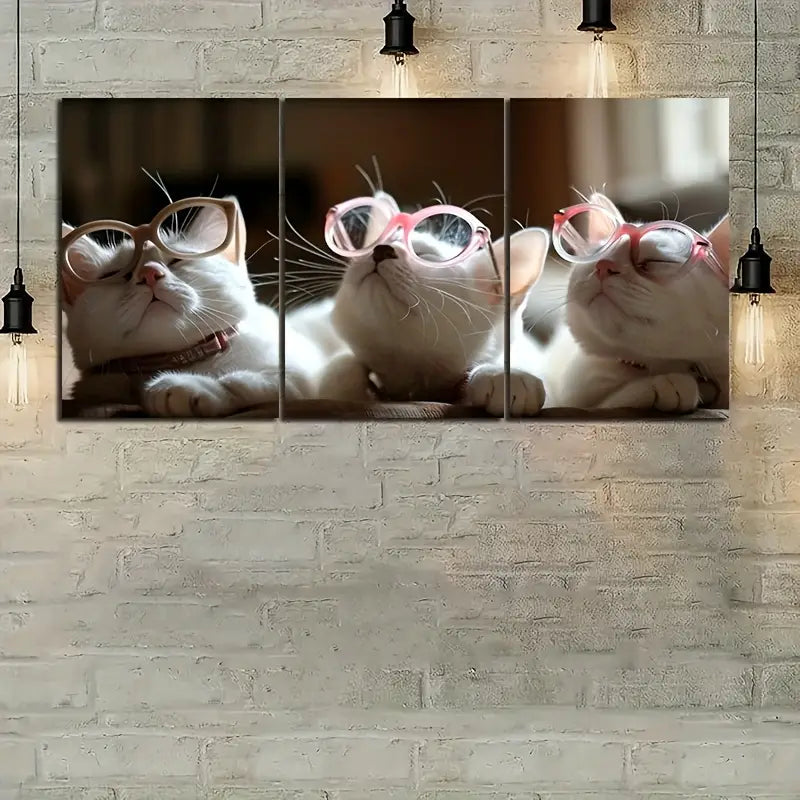 3pcs White Cats In Pink Glasses Metal Print Ready to Hang Art