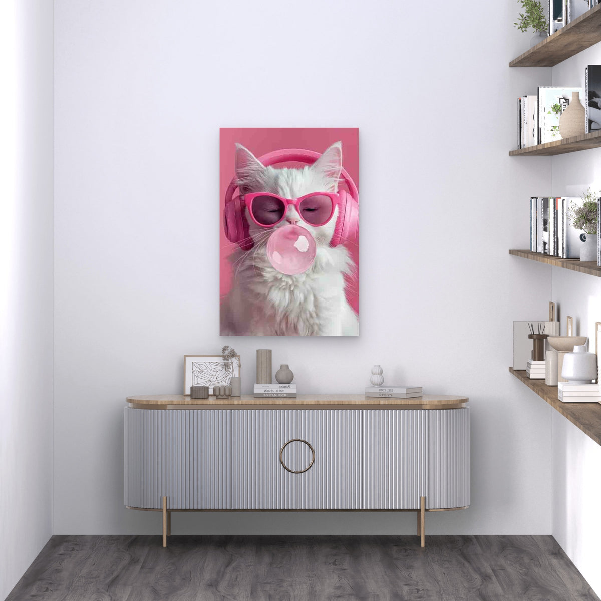 White Cat With Pink Headphones 60x90cm Metal Print Ready to Hang