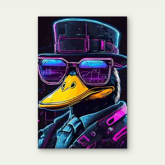 Neon-Style Duck with Top Hat and Cool Glasses 60x90cm Metal Print Ready to Hang - Bella Home Decor