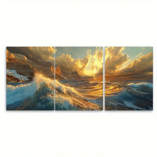 3pcs Santorini Aegean Sea Storm Wall Art Set Canvas Framed 60x90cm - High Quality Print 100% Australian Made Wall Canvas Ready to Hang