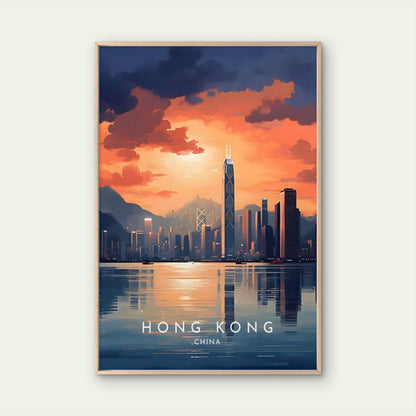 Hong Kong Cityscape at Sunset Painting Travel Poster Print Wall Art