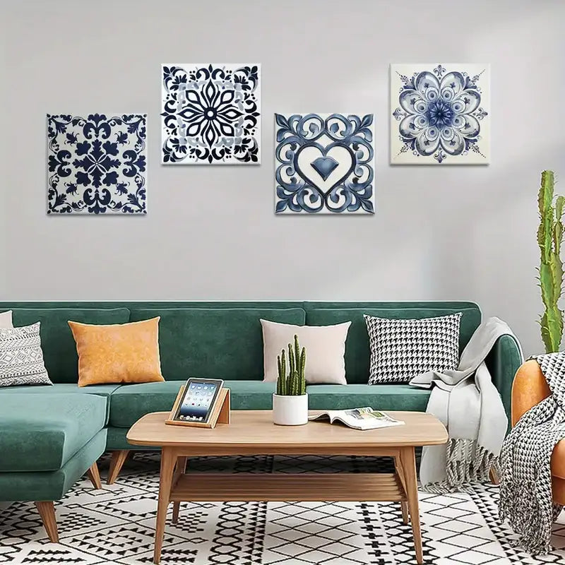 4pcs Featuring Blue & White Designs Mediterranean Wall Art Canvas Framed