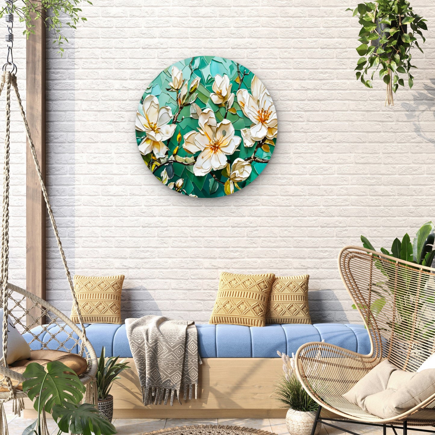 White Flower Branch Green  Acrylic Glass Rounded Print Tempered Glass Wall Art 100% Made in Australia Ready to Hang