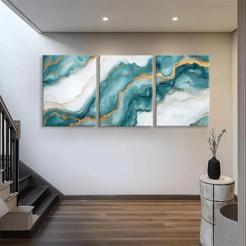 3pcs Teal and Golden Abstract Fluid Marble Effect Metal Print Ready to Hang Art