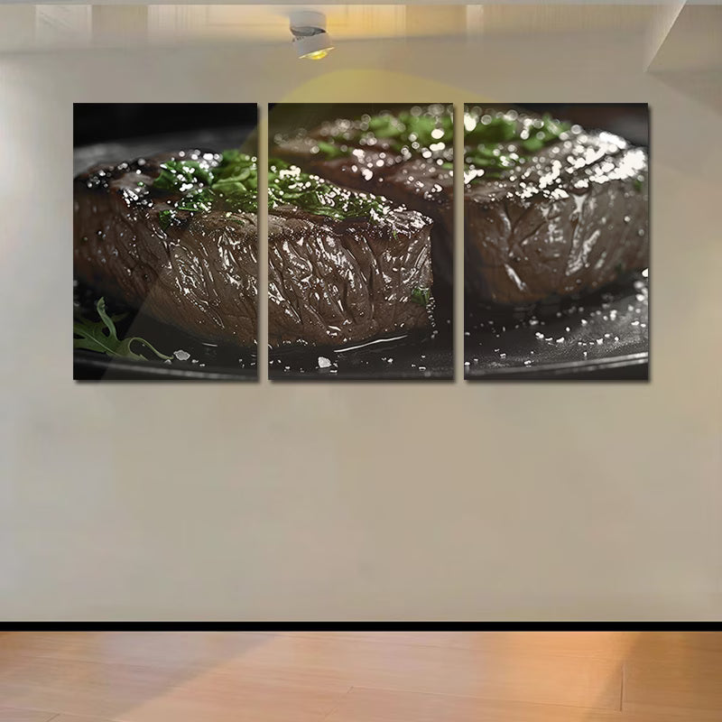 3pcs Cooked Beef Steak served with Fresh Herbs Wall Art Set Canvas Framed 60x90cm - High Quality Print 100% Australian Made Wall Canvas Ready to Hang