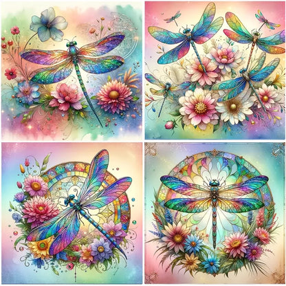 4pcs Colored Dragonfly Wall Art Canvas Framed