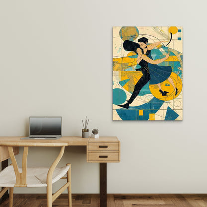 Art Deco Style Dance, Vibrant Blue & Golden Abstract Design60x90cm Metal Print Ready to Hang