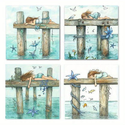 4pcs Whimsical Childhood Theme With Girls, Fish  Wall Art Canvas Framed