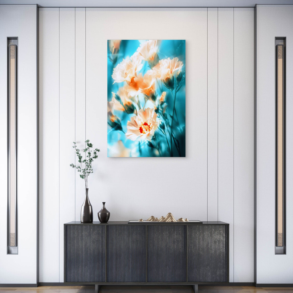 Peach Carnations on Dreamy Blue Background 40x60cm Metal Print Ready to Hang
