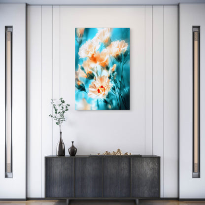 Peach Carnations on Dreamy Blue Background 40x60cm Metal Print Ready to Hang