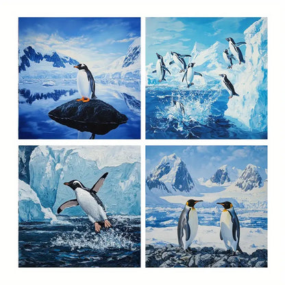 4pcs Snowy Mountains With Penguin  Wall Art Canvas Framed